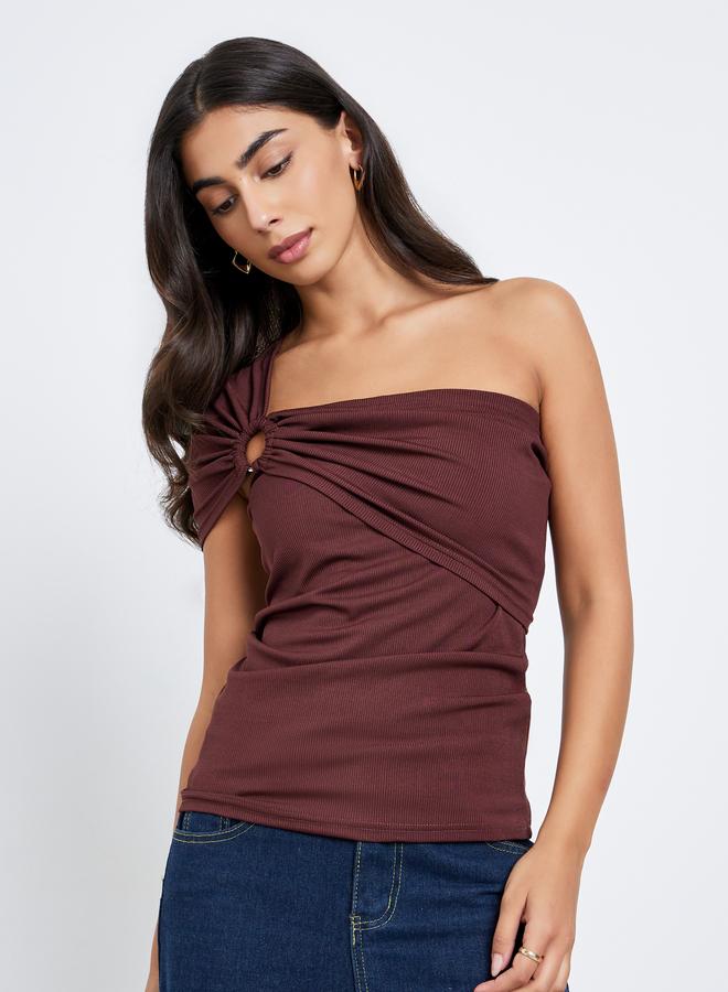 Styli Brown One-Shoulder Knit Top - Image 1