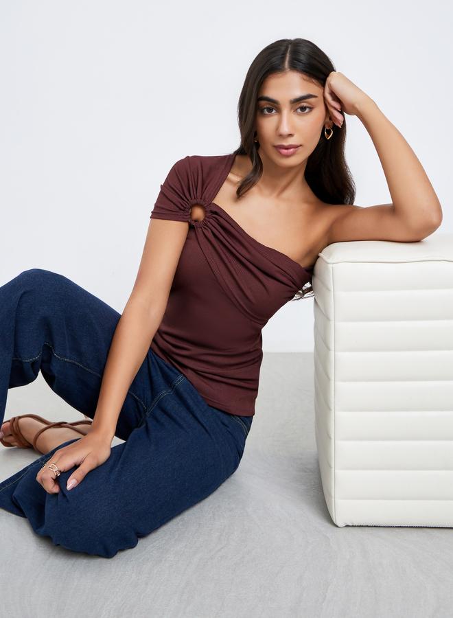 Styli Brown One-Shoulder Knit Top - Image 3