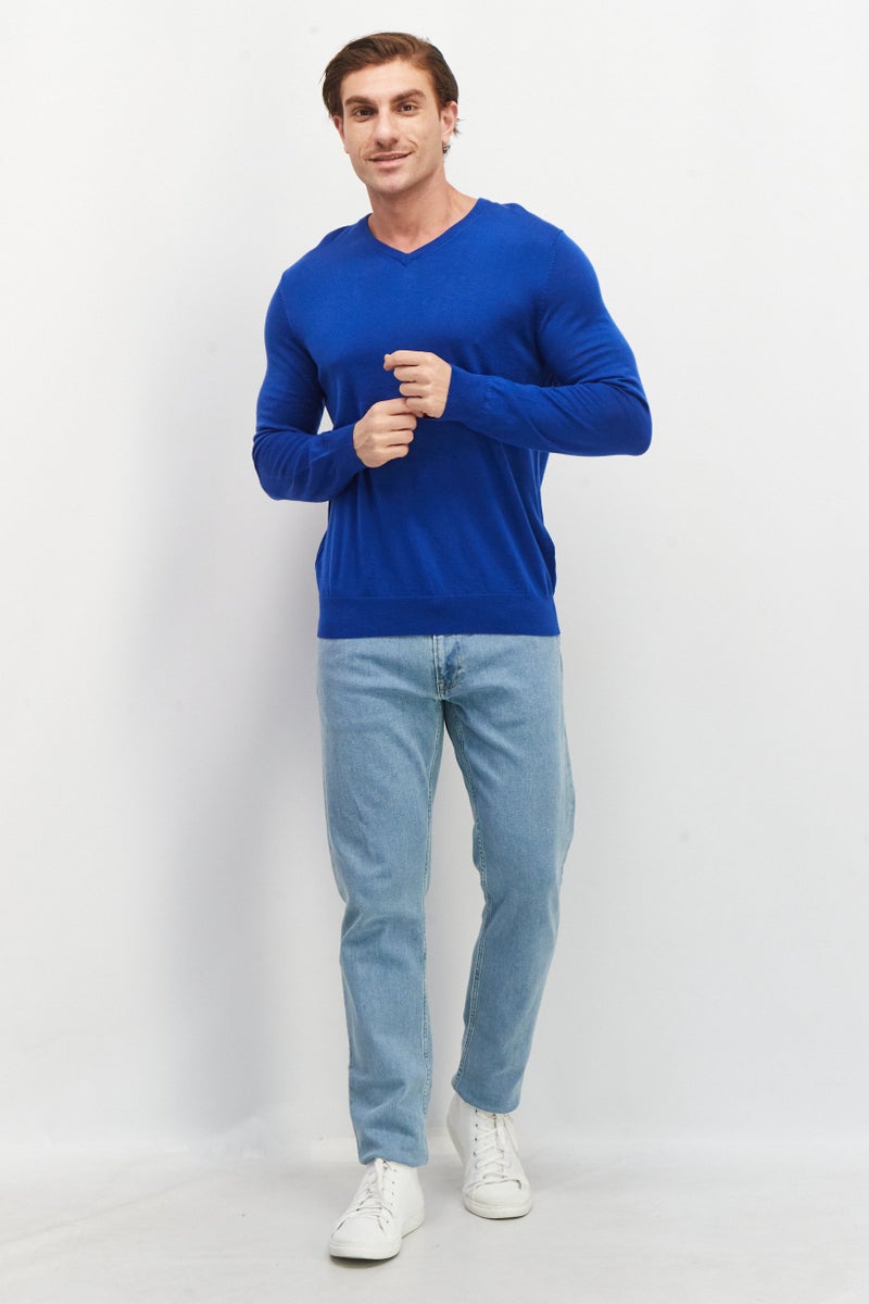 Celio Men V-Neck Plain Sweater, Blue - Image 3