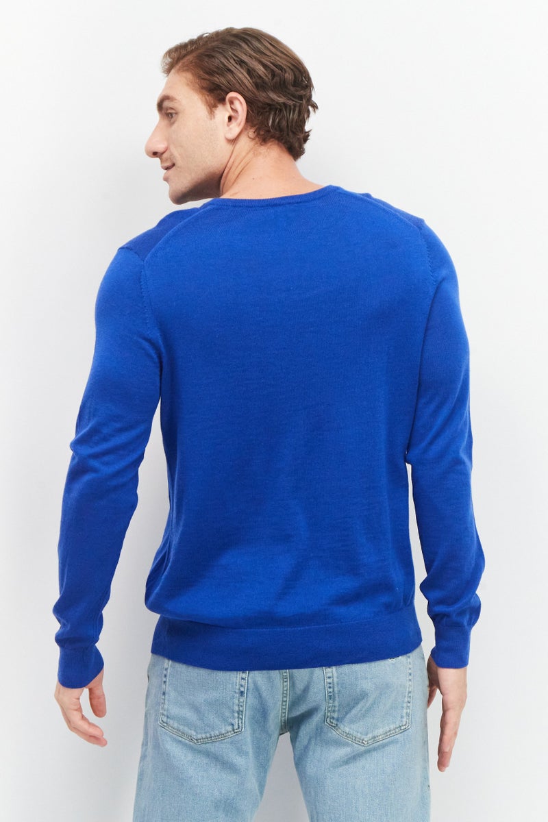 Celio Men V-Neck Plain Sweater, Blue - Image 4