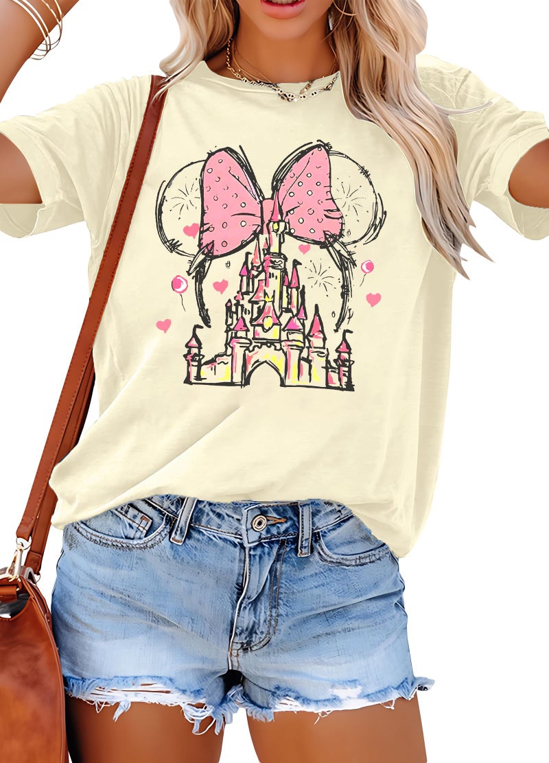 TAOHONG Women Magic Kingdom Shirt Castle Graphic Shirts Casual Family Vacation Holiday T Shirt Cute Short Sleeve Tee Top Apricot - Image 1
