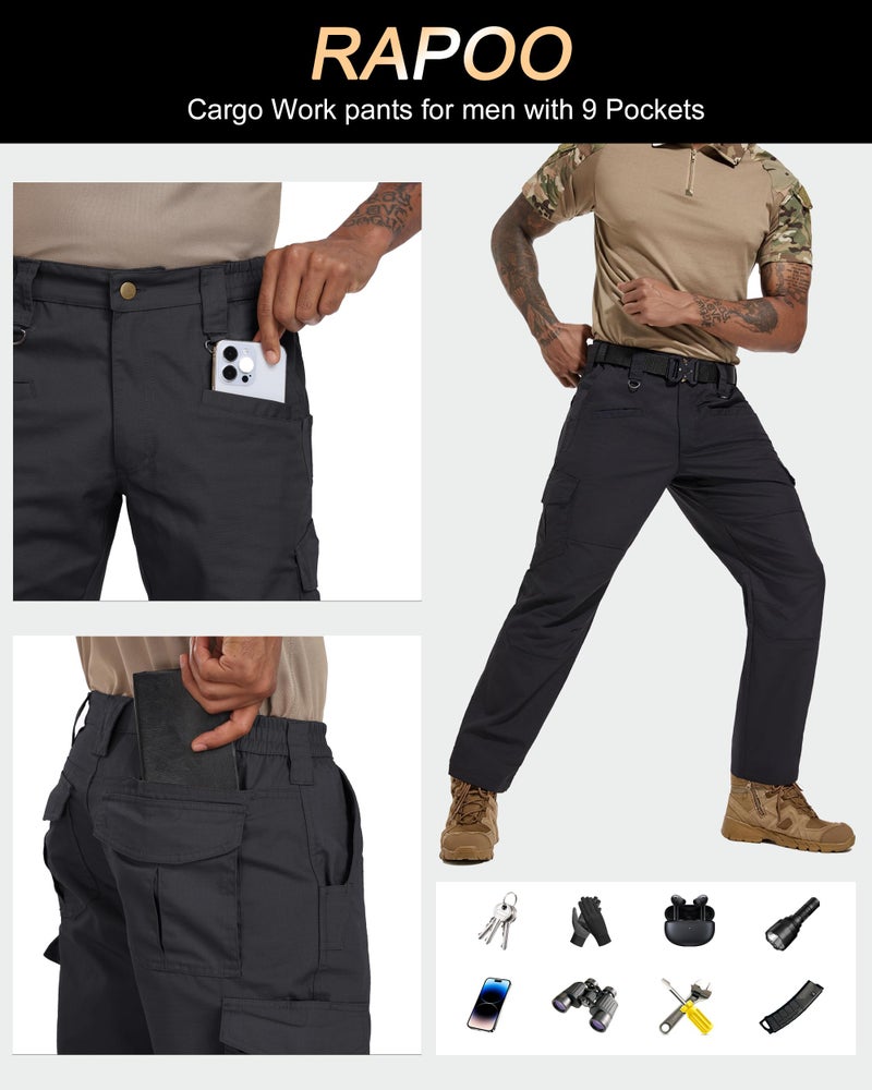 Rapoo Work Cargo Pants for Men Tactical Hiking Military Army Casual Pants for Men with Pockets Water Resistant Mens Ripstop Construction Carpenter Outdoor Pants Outdoor Black 32Wx32L - Image 5