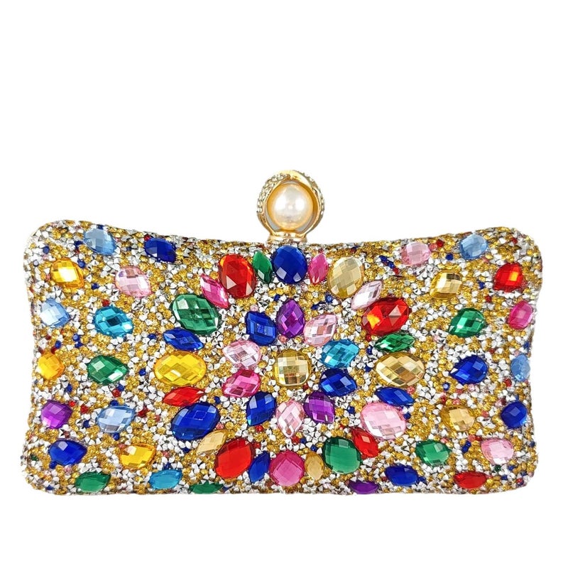 Boutique De FGG حقيبة كريستال صغيرة من بوتيك دي FGG مع مشبك لؤلؤي للنساء، حقائب سهرة، حقيبة يد زفاف، حقيبة كلاش للحفلات مع أحجار الراين - Image 1