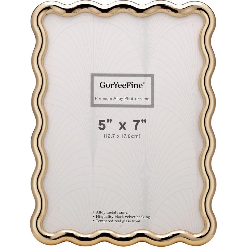 GorYeeFine إطار صور ذهبي متين من سبيكة معدنية مقاس 5 × 7 بوصات بتصميم مموج - إطارات صور ذهبية عصرية مقاس 6 × 4 بوصات للمكتب والتعليق على الحائط. - Image 1