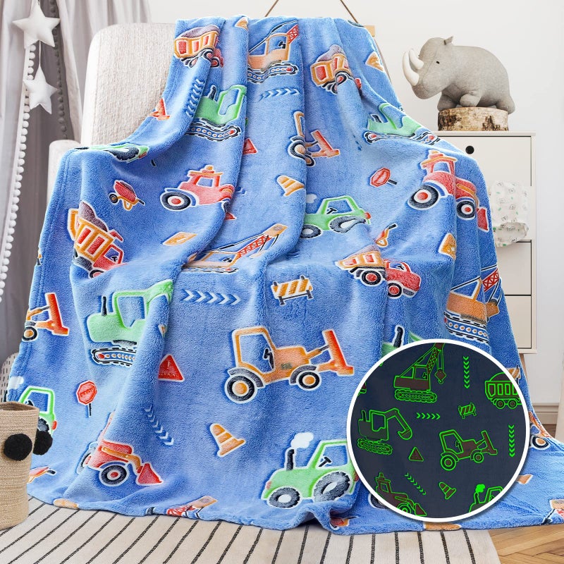 LOKOZ Construction Blanket Glow in The Dark Truck Blanket Kids Fleece Blanket Cute Soft Construction Toddler Throw Blanket Kids Truck Blanket for Boys Girls Birthday Gifts - Image 1