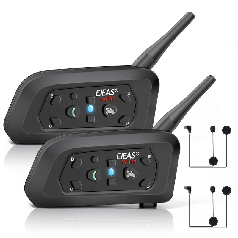 EJEAS Motorcycle Helmet Bluetooth Headset V6 Pro, 2-Way 1200M Motorbike Intercom Communication System for Ski/ATV/Dirt Motorbike/Off Road for Full-face Flip-up Helmets (2 Pack) - Image 1