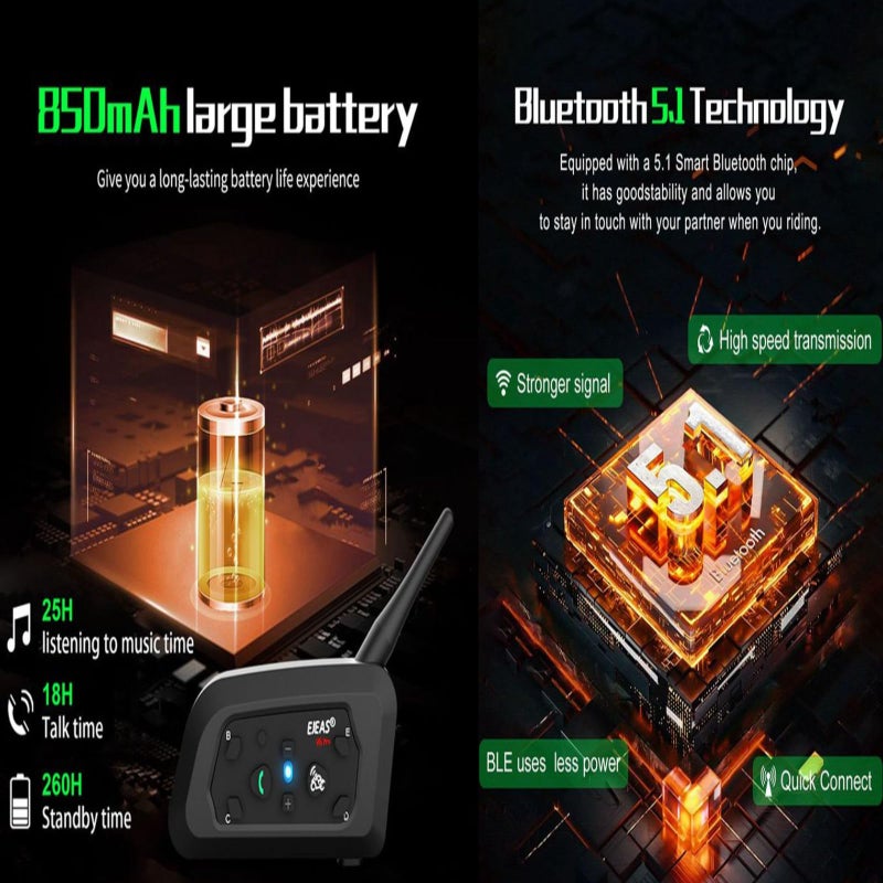 EJEAS Motorcycle Helmet Bluetooth Headset V6 Pro, 2-Way 1200M Motorbike Intercom Communication System for Ski/ATV/Dirt Motorbike/Off Road for Full-face Flip-up Helmets (2 Pack) - Image 4