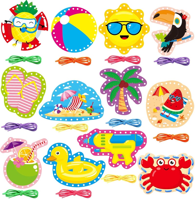 Omlisca Summer Lacing Cards Sewing Cards 12 Pack Beach Theme Pool Party Decoration Double Sided Cardboard Lacing Playing Games for Kids Toddler Preschool Home Developing Imagination Education Supplies - Image 1