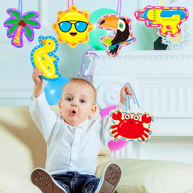 Omlisca Summer Lacing Cards Sewing Cards 12 Pack Beach Theme Pool Party Decoration Double Sided Cardboard Lacing Playing Games for Kids Toddler Preschool Home Developing Imagination Education Supplies - Image 2