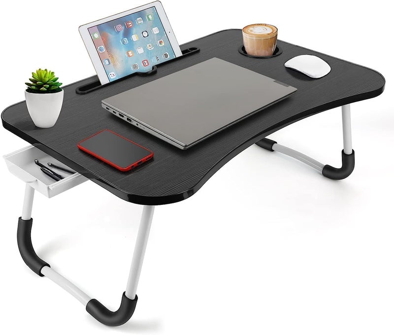 TEKCOOL Study Table Foldable Wooden Laptop Bed Tray Table, Multifunction Lap Tablet Desk with Cup Holder, Perfect for Eating Breakfast, Reading Book, Working, Watching Movie On Bed, 60x40 cm - Image 1