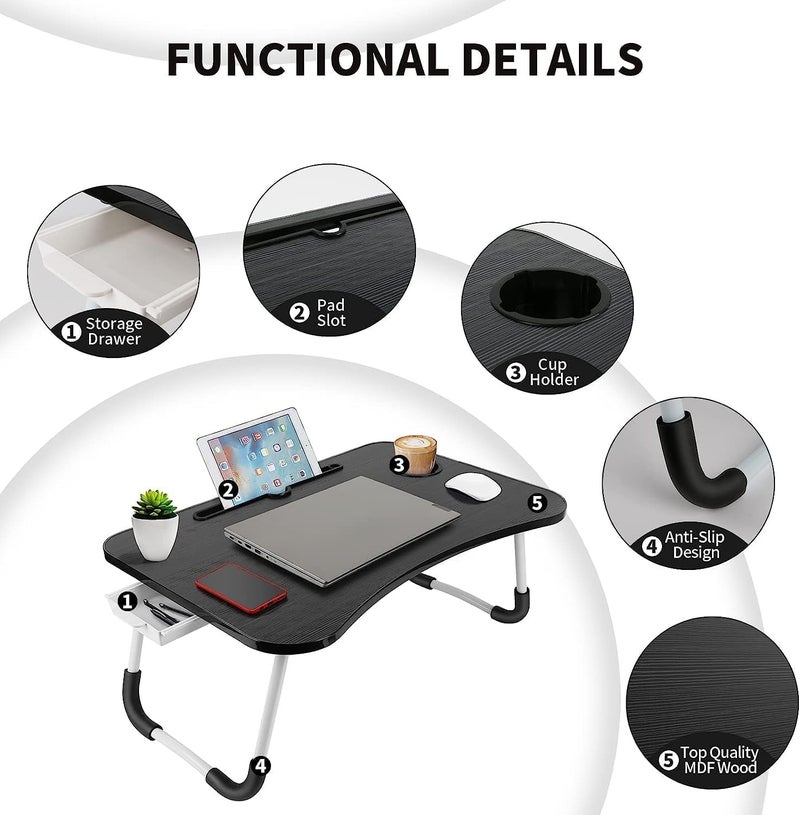 TEKCOOL Study Table Foldable Wooden Laptop Bed Tray Table, Multifunction Lap Tablet Desk with Cup Holder, Perfect for Eating Breakfast, Reading Book, Working, Watching Movie On Bed, 60x40 cm - Image 3