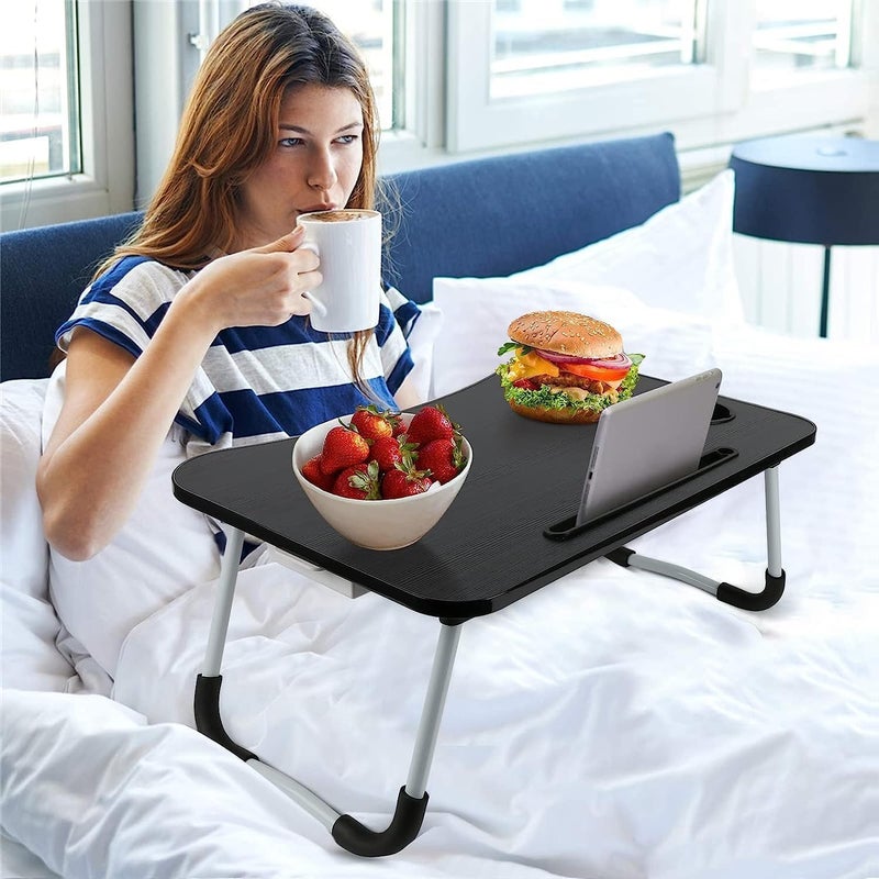 TEKCOOL Study Table Foldable Wooden Laptop Bed Tray Table, Multifunction Lap Tablet Desk with Cup Holder, Perfect for Eating Breakfast, Reading Book, Working, Watching Movie On Bed, 60x40 cm - Image 5