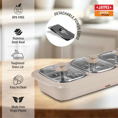 JAYPEE PLUS وعاء كهربائي Jaypee Plus E-3 ، 1000 مل لكل منهما | خزانة طعام من الفولاذ المقاوم للصدأ 3 أطباق | وعاء كهربائي 3 في 1 لإعادة تسخين الطعام، بيج - Image 4
