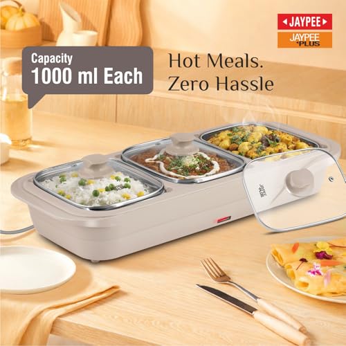 JAYPEE PLUS وعاء كهربائي Jaypee Plus E-3 ، 1000 مل لكل منهما | خزانة طعام من الفولاذ المقاوم للصدأ 3 أطباق | وعاء كهربائي 3 في 1 لإعادة تسخين الطعام، بيج - Image 2