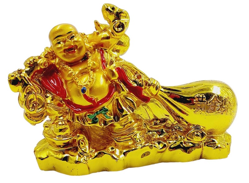 ART FLAUNTS Laughing Buddha for Good Luck Feng Shui Items for Money Wealth Prosperity for Home House Office Shop Golden with Money Bag - Image 1