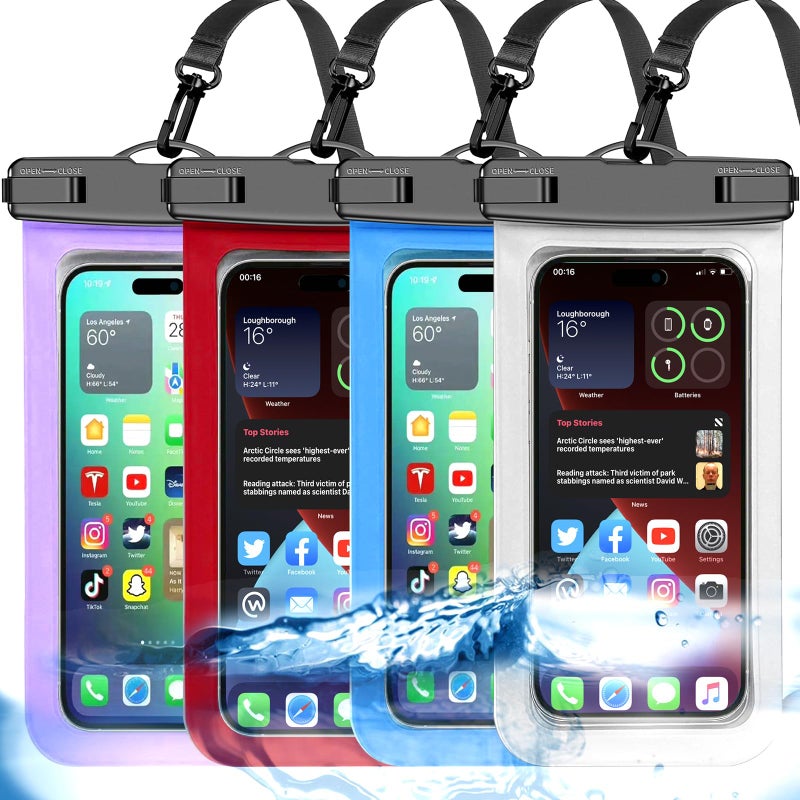 Famoby Up to 8.3" 4 Pack Multicolor Universal Waterproof Phone Pouch, Large Phone Waterproof Case Dry Bag,Protection Level: IP68,Outdoor Sports for Apple iPhone,Samsung,and More,White,Blue,Red,Purple - Image 1