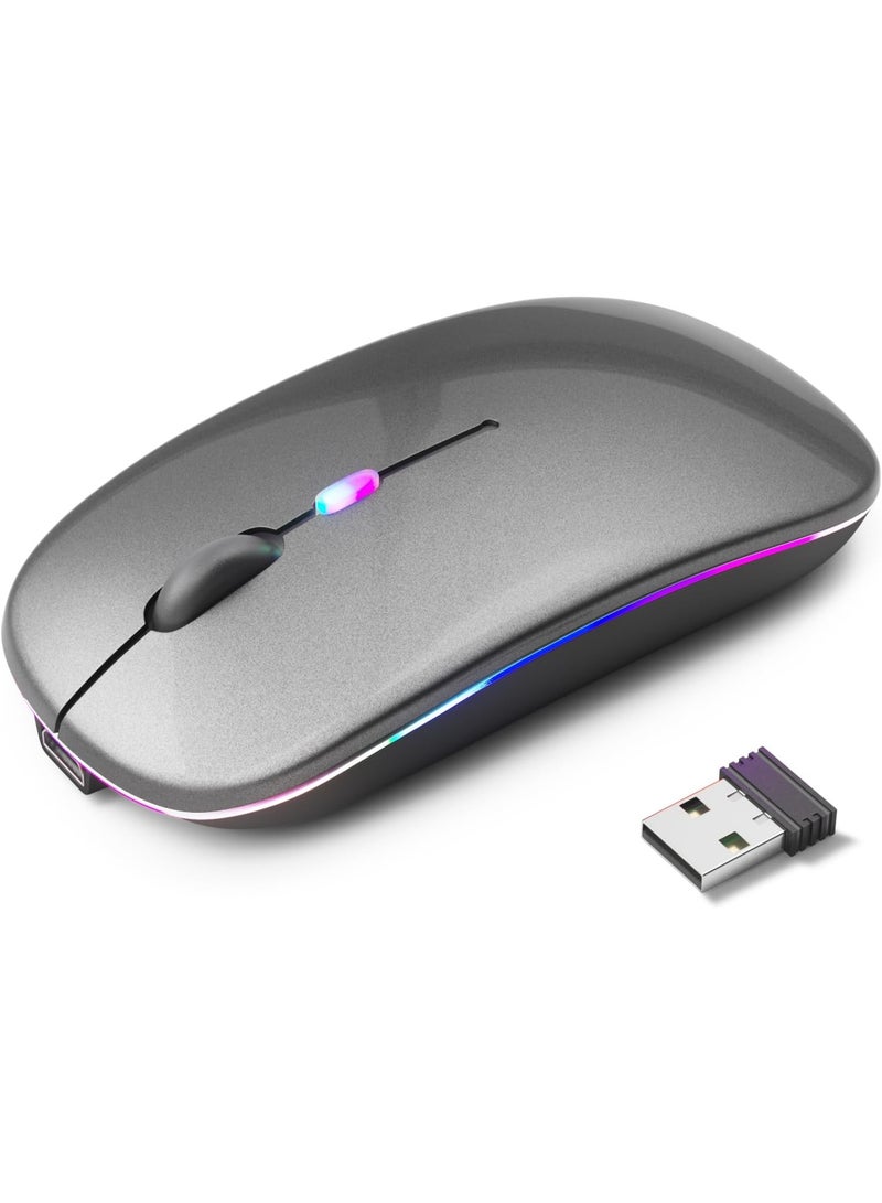 Yakiter LED RGB Wireless Bluetooth Mouse, Bluetooth 5.1 + USB, 2.4GHz Rechargeable Silent Bluetooth Wireless Mouse, Computer Mice with USB Receiver (Grey) - Image 1