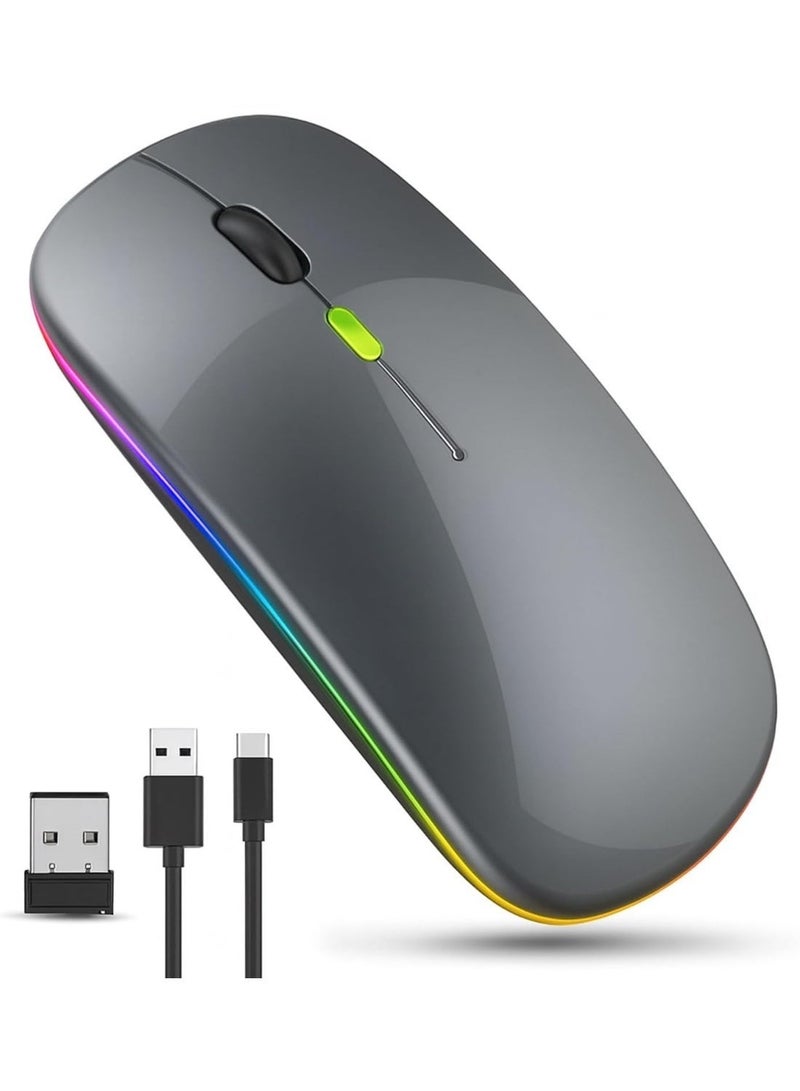 ياكيتر ماوس بلوتوث لاسلكي LED RGB ، بلوتوث 5.1 + USB ، ماوس لاسلكي بلوتوث صامت قابل لإعادة الشحن 2.4 جيجا هرتز ، ماوس كمبيوتر مع جهاز استقبال USB (رمادي) - Image 1