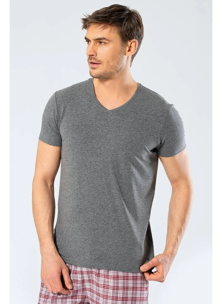 كاشاريل Men's V Neck Lycra T-shirt Gray