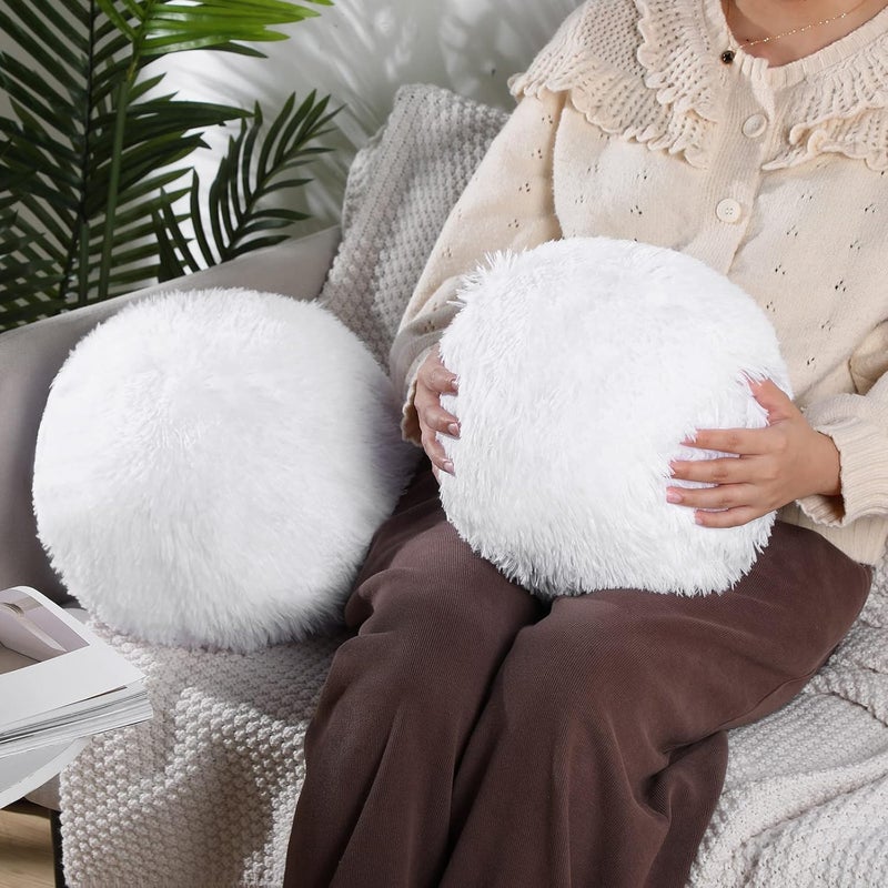 CottonFry وسادة دائرية من القطن 2 قطعة كروية ناعمة زخرفية كروية رقيقة 10 بوصة لغرفة النوم غرفة المعيشة المكتب المدرسة الأريكة الكرسي سرير الزينة (أبيض) - Image 4