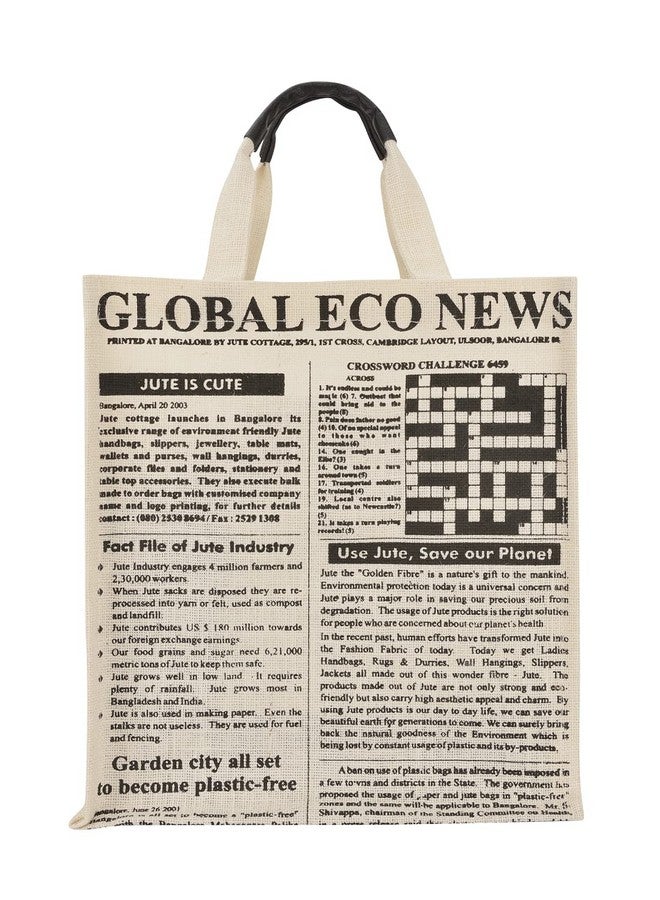 Jute Cottage Eco-Friendly Lunch & Shopping Bag for Men & Women | 15x13x8 in White Jute with Newspaper Print | Handcrafted Sustainable Tiffin & Carry Tote for Office, Travel, Daily Use - Image 2