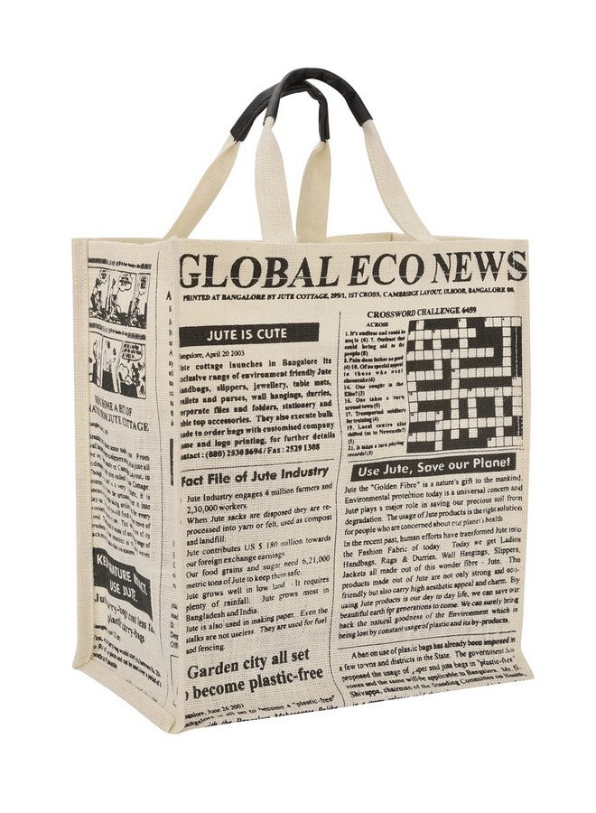 Jute Cottage Eco-Friendly Lunch & Shopping Bag for Men & Women | 15x13x8 in White Jute with Newspaper Print | Handcrafted Sustainable Tiffin & Carry Tote for Office, Travel, Daily Use - Image 1