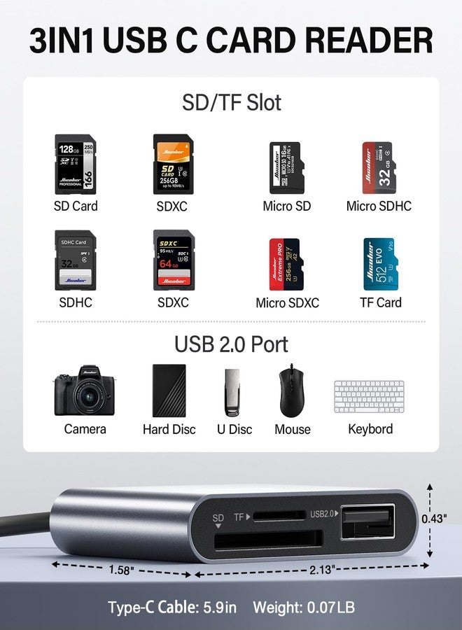 هيكوبر قارئ بطاقات الذاكرة من نوع USB-C إلى SD من هيكوبر، قارئ بطاقات ذاكرة Micro SD، محول قارئ بطاقات من النوع C إلى SD بسعة 2 تيرابايت لأجهزة MacBook والكاميرات وأجهزة Android وWindows وLinux وغيرها من الأجهزة التي تعمل بالنوع C - رمادي فلكي - Image 2