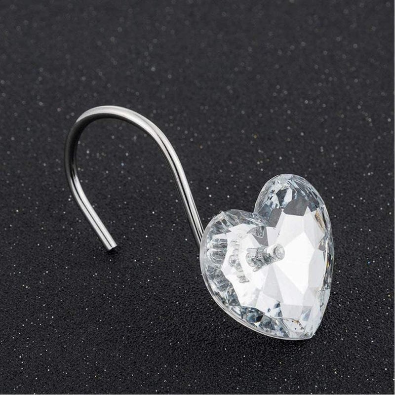 Actpe Decorative Crystal Heart Shape Shower Curtain Hooks Rust Resistant Hooks Glide Shower Ring Hangs Holder Bling for Bathroom, Pack of 12 - Image 5