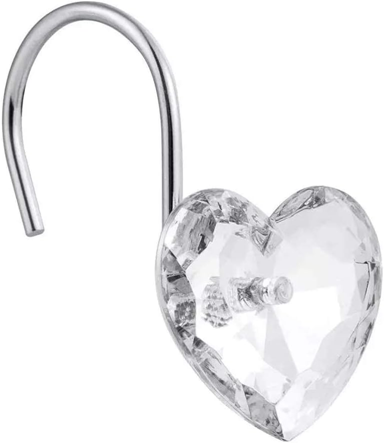 Actpe Decorative Crystal Heart Shape Shower Curtain Hooks Rust Resistant Hooks Glide Shower Ring Hangs Holder Bling for Bathroom, Pack of 12 - Image 3