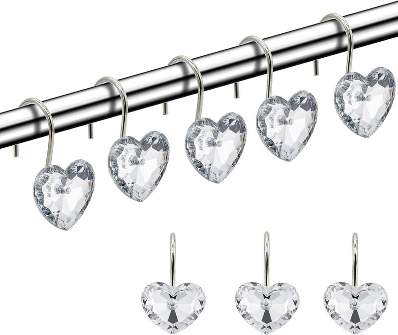 Actpe Decorative Crystal Heart Shape Shower Curtain Hooks Rust Resistant Hooks Glide Shower Ring Hangs Holder Bling for Bathroom, Pack of 12 - Image 1