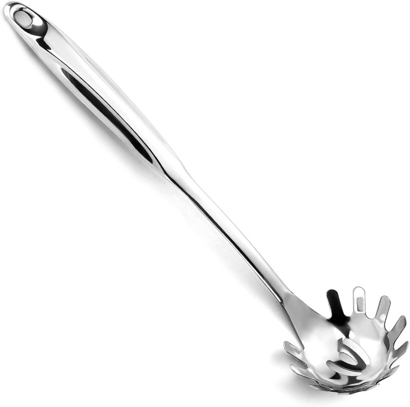 Pleafind Spaghetti Spoon, One-Piece Stainless Steel Pasta Spoon, 13-Inch Comfort Grip Design Pasta Scoop, Spaghetti Strainer with Teeth, Silver Pasta Server Utensil - Image 1