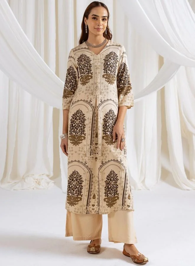 ISHIN Women'S Cream Rayon Embroidered Tunic Full Length Palazzo Straight Fit Kurta Set