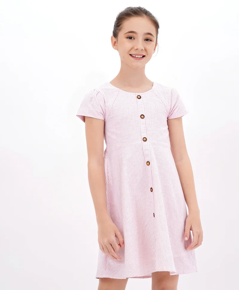 Primo Gino Primo Gino Cap Sleeves Cotton Viscose Linen Woven Striped Frock- Pink
