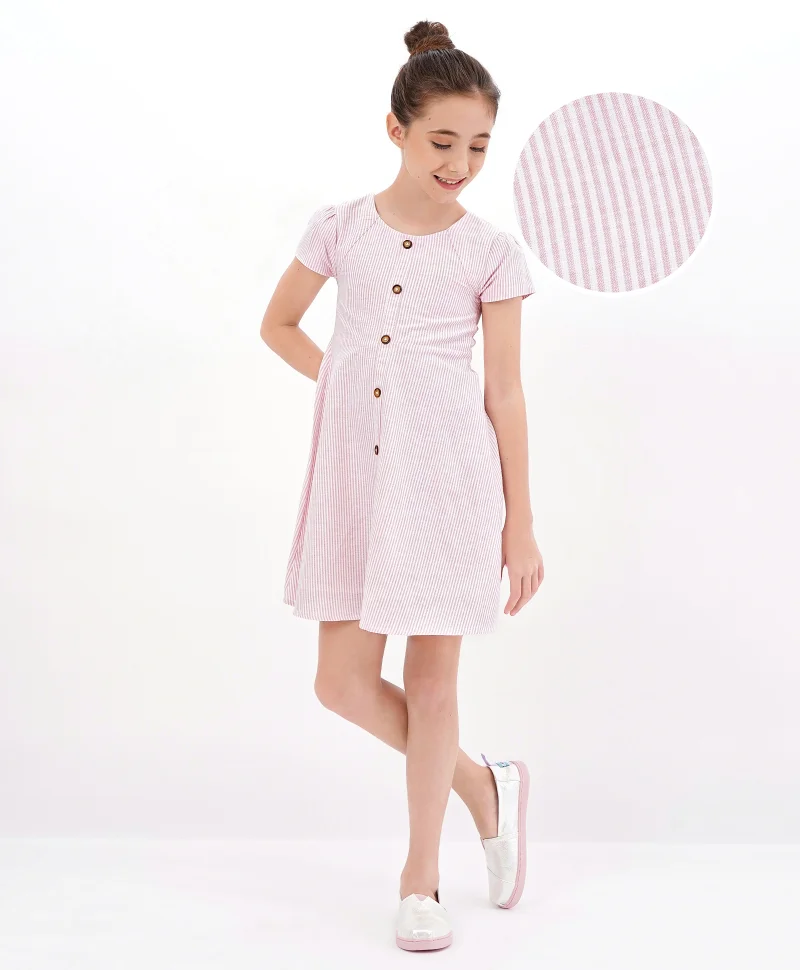 Primo Gino Primo Gino Cap Sleeves Cotton Viscose Linen Woven Striped Frock- Pink