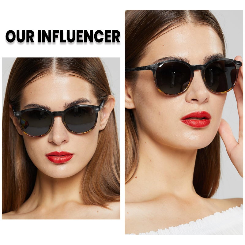 DUCO Retro Round UV400 Polarized Sunglasses for Women Men Vintage Shades Classic Acetate Trendy Fashion Sunglass DC1230 (Black Copper Frame Grey Lens) - Image 2