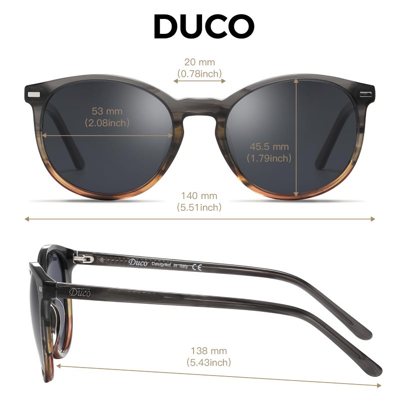DUCO Retro Round UV400 Polarized Sunglasses for Women Men Vintage Shades Classic Acetate Trendy Fashion Sunglass DC1230 (Black Copper Frame Grey Lens) - Image 3