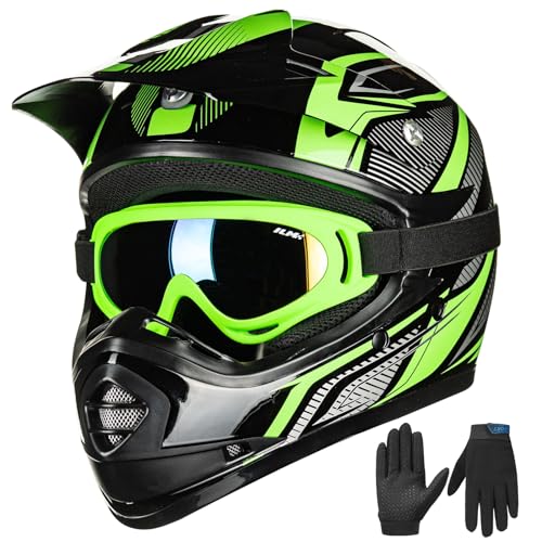 ILM Youth Kids ATV Motocross Helmet Goggles Sports Gloves Dirt Bike Motorcycle Off Road DOT Approved B07 (Youth-S, Green/Silver) - Image 1