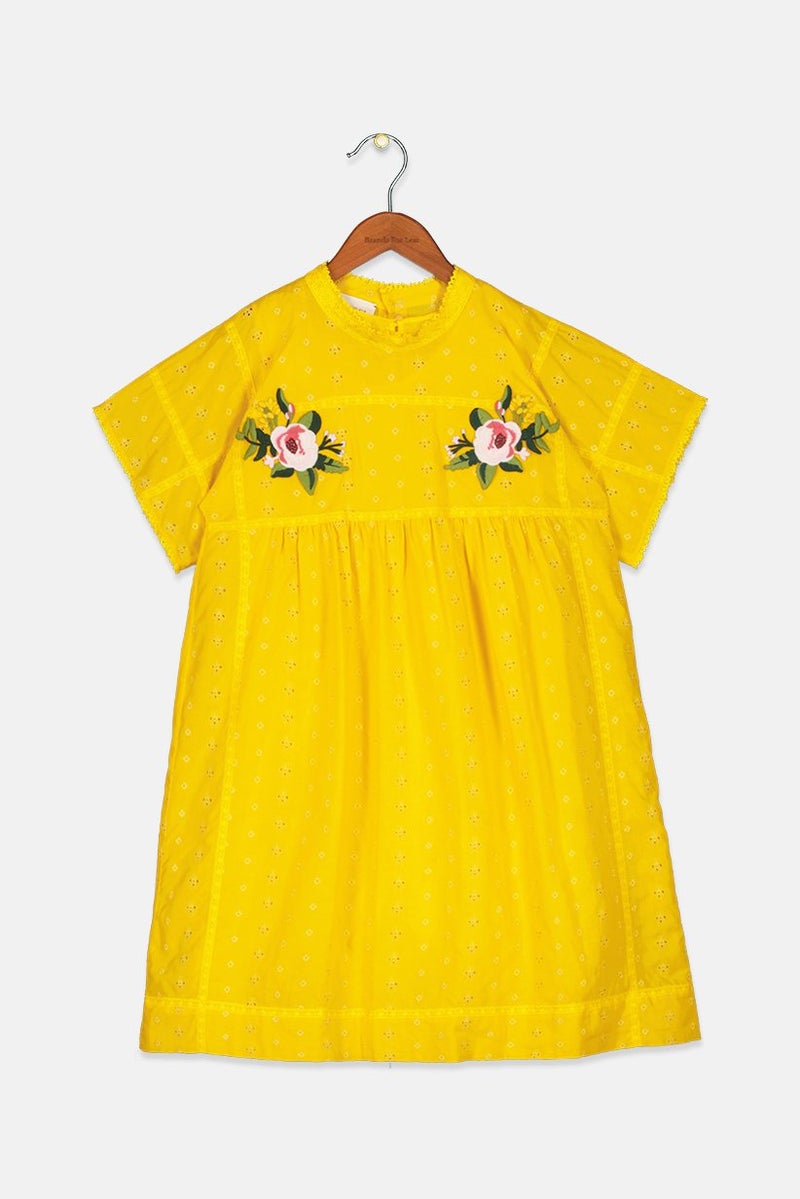 GUCCI Kids Girl Embroidered Short Sleeve Dress, Yellow - Image 1