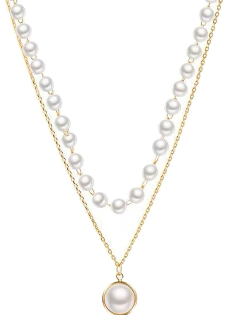 Huitich Elegant Gold Color Tone Layered Pearl Pendant Necklace  - Image 1