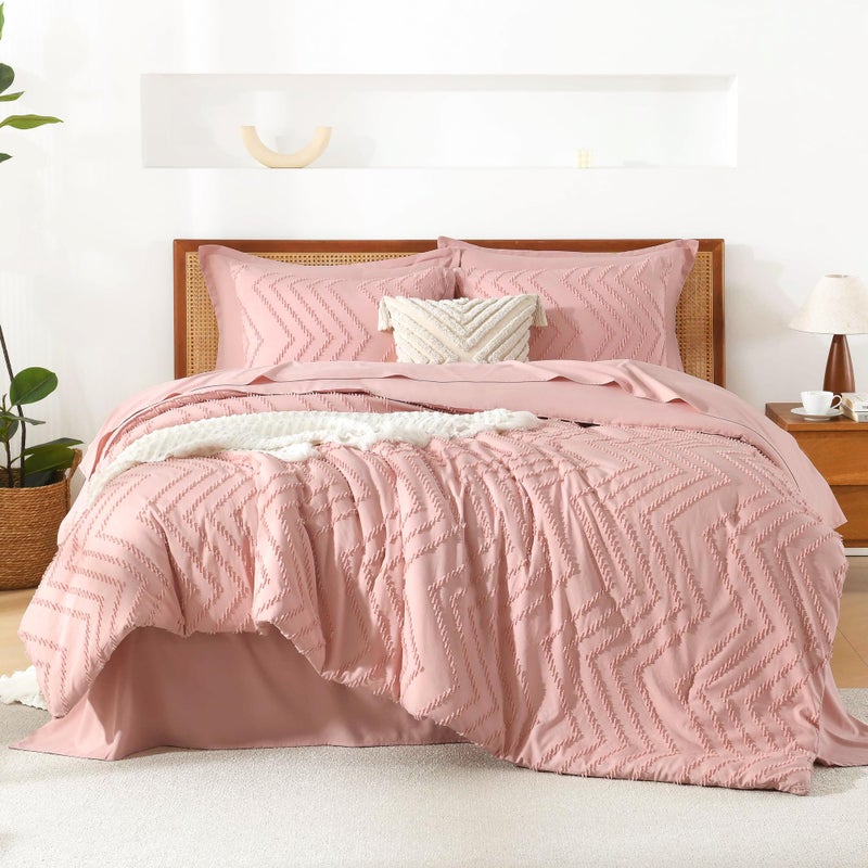 Litanika Litanika Blush Pink Queen Size Comforter Set with Sheets - 7 Pieces Bed in a Bag Queen Boho Tufted Complete Beddding Sets with Comforter  Sheets  Pillowcases & Shams  - Image 1
