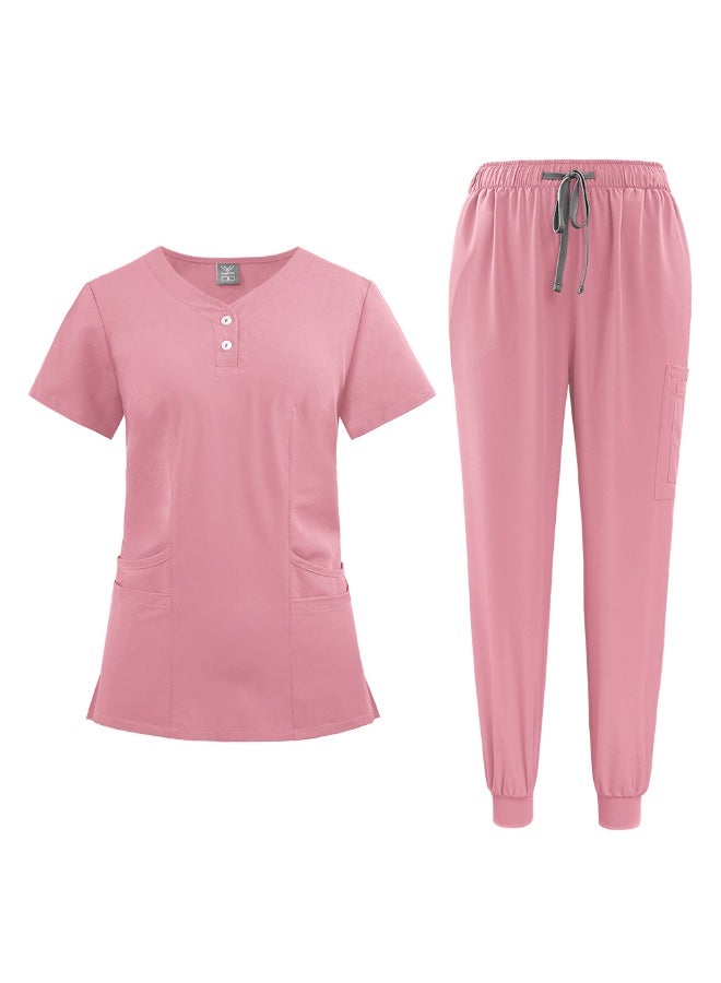 NIBEMINENT Women'S Nurse Uniform Quick-Drying Fabric Solid Color V-Neck Button Pocket Short-Sleeved Trousers Suit Nursing Work Clothes - Image 1