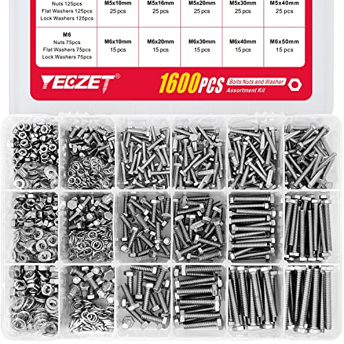 YEEZET 1600PCS M4 M5 M6 Heavy Duty Bolts and Nuts Flat & Lock Washers Assortment Kit,18-8 Stainless Steel,15 Most Common Sizes - Image 1