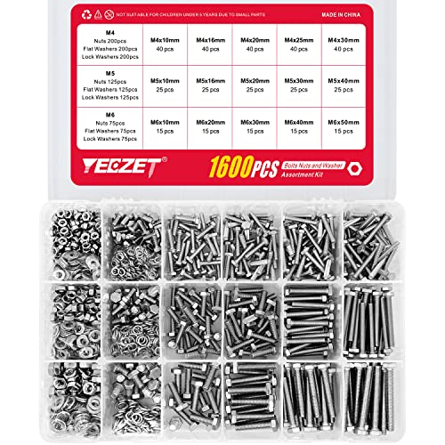 YEEZET 1600PCS M4 M5 M6 Heavy Duty Bolts and Nuts Flat & Lock Washers Assortment Kit,18-8 Stainless Steel,15 Most Common Sizes - Image 3