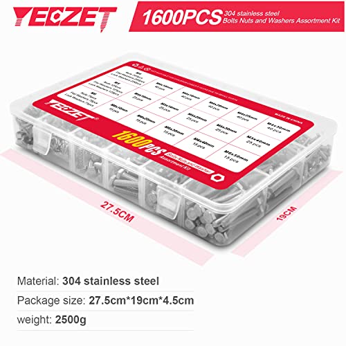 YEEZET 1600PCS M4 M5 M6 Heavy Duty Bolts and Nuts Flat & Lock Washers Assortment Kit,18-8 Stainless Steel,15 Most Common Sizes - Image 2
