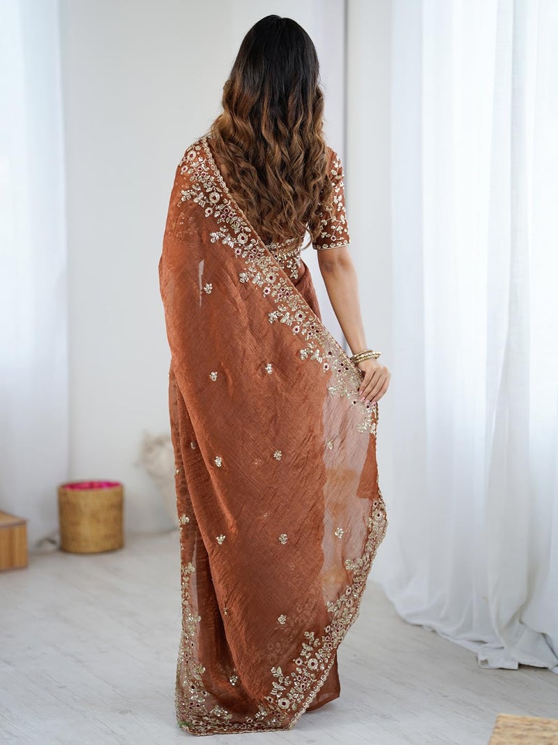 SAREE MALL Women's Brown Chiffon Embellished Saree With Unstitched Blouse Piece (AARYAN18601_KR) - Image 2