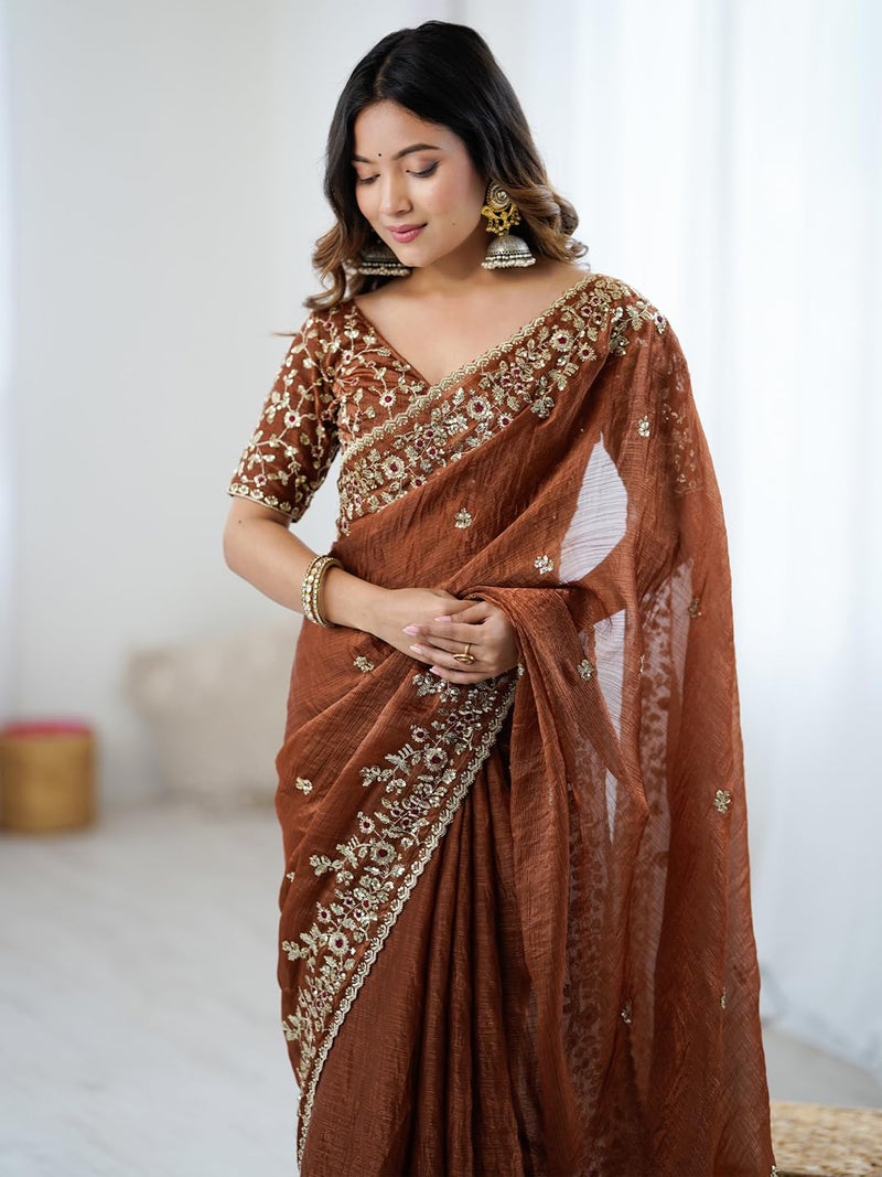 SAREE MALL Women's Brown Chiffon Embellished Saree With Unstitched Blouse Piece (AARYAN18601_KR) - Image 5