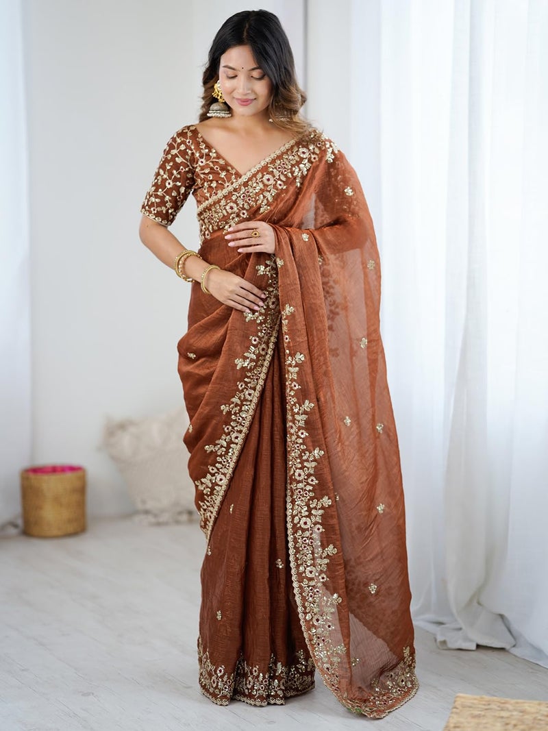 SAREE MALL Women's Brown Chiffon Embellished Saree With Unstitched Blouse Piece (AARYAN18601_KR) - Image 3