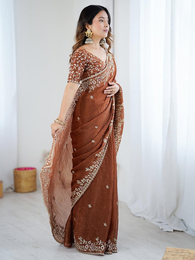 SAREE MALL Women's Brown Chiffon Embellished Saree With Unstitched Blouse Piece (AARYAN18601_KR) - Image 4