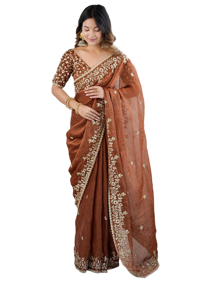 SAREE MALL Women's Brown Chiffon Embellished Saree With Unstitched Blouse Piece (AARYAN18601_KR) - Image 1