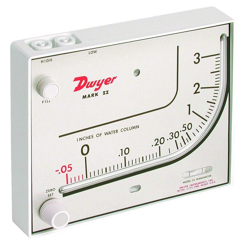Series Mark II 25 Molded Plastic Manometer, Inclined-Vertical Scale, 0 to 3 inH2O Measuring Range, Red Gauge Fluid, 0.826 sp. gr. (Limited Edition)
